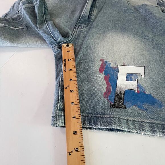 Homme + Femme Mens Hand Painted Logo Distressed Jean Shorts Sz 38 Denim Blue - Picture 9 of 10
